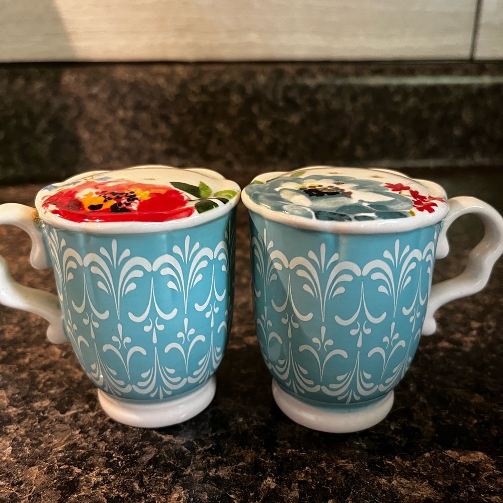 The Pioneer Woman Teal and Red Floral Mugs